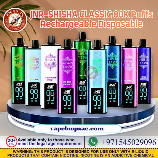 A promotional display of JNR Shisha Classic disposable vape devices in multiple colors, including green, light blue, white, purple, and pink, arranged on a circular pedestal with promotional text and brand details.