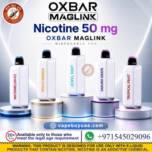 OXBAR Maglink 50K Pod System – 5% Nicotine in different flavors (Watermelon Ice, Peach Mango, Jewel Mint, Sakura Grape, Tropical Fruit) displayed on illuminated pedestals against a blue and white background with promotional text and contact details.
