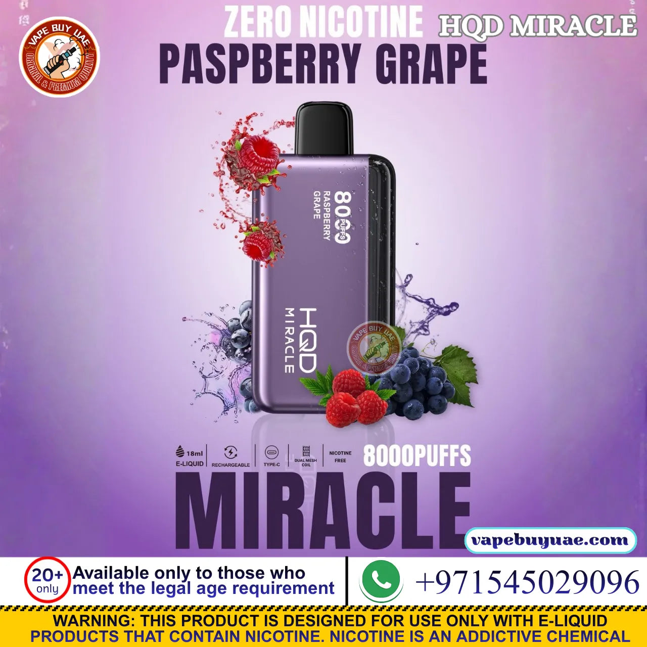 HQD Miracle 8000 Puffs Nicotine Free Disposable Vape UAE