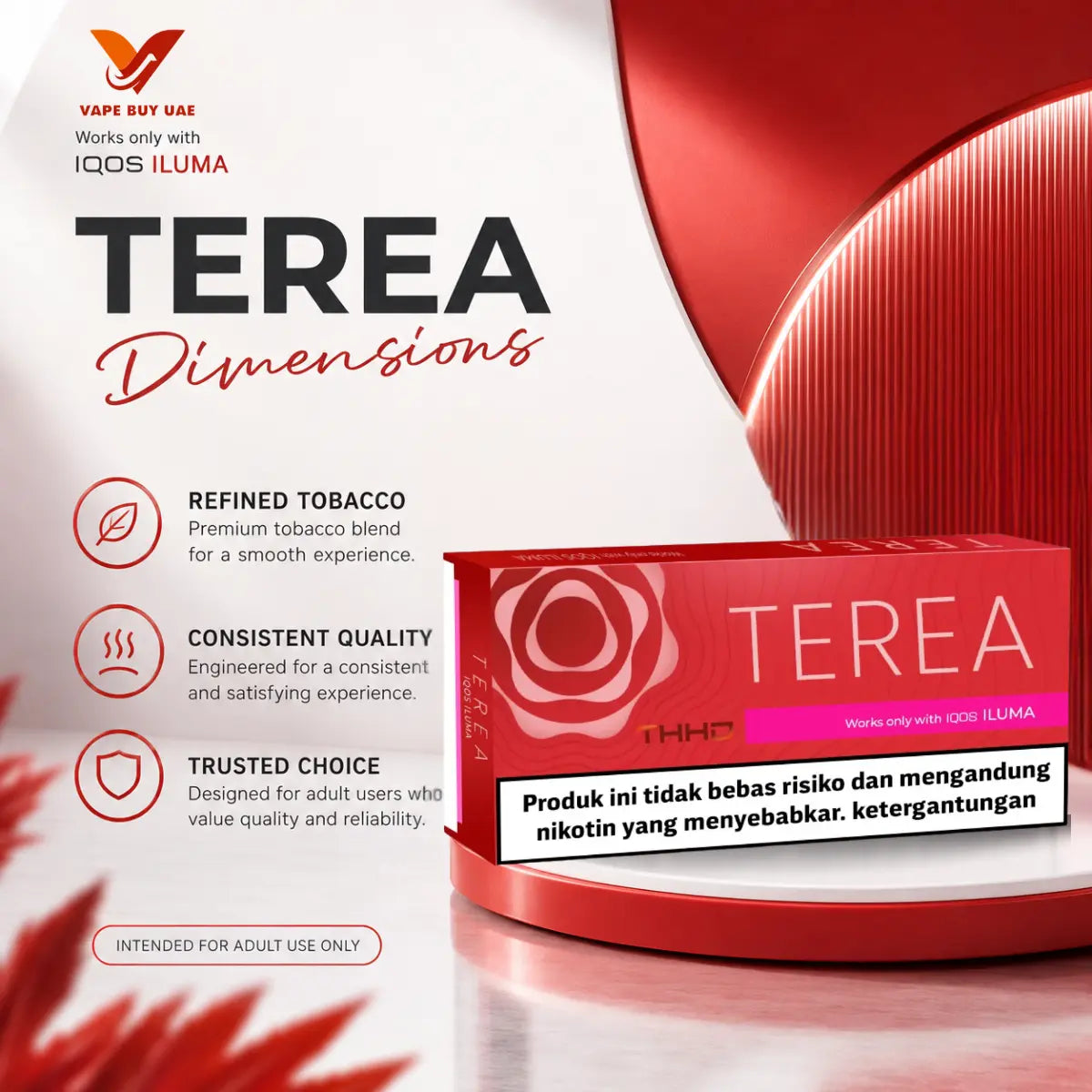 Promotional graphic for IQOS TEREA Sienna Indonesian highlighting its dimensions and features like refined tobacco, consistent quality, and trusted choice for IQOS ILUMA devices.