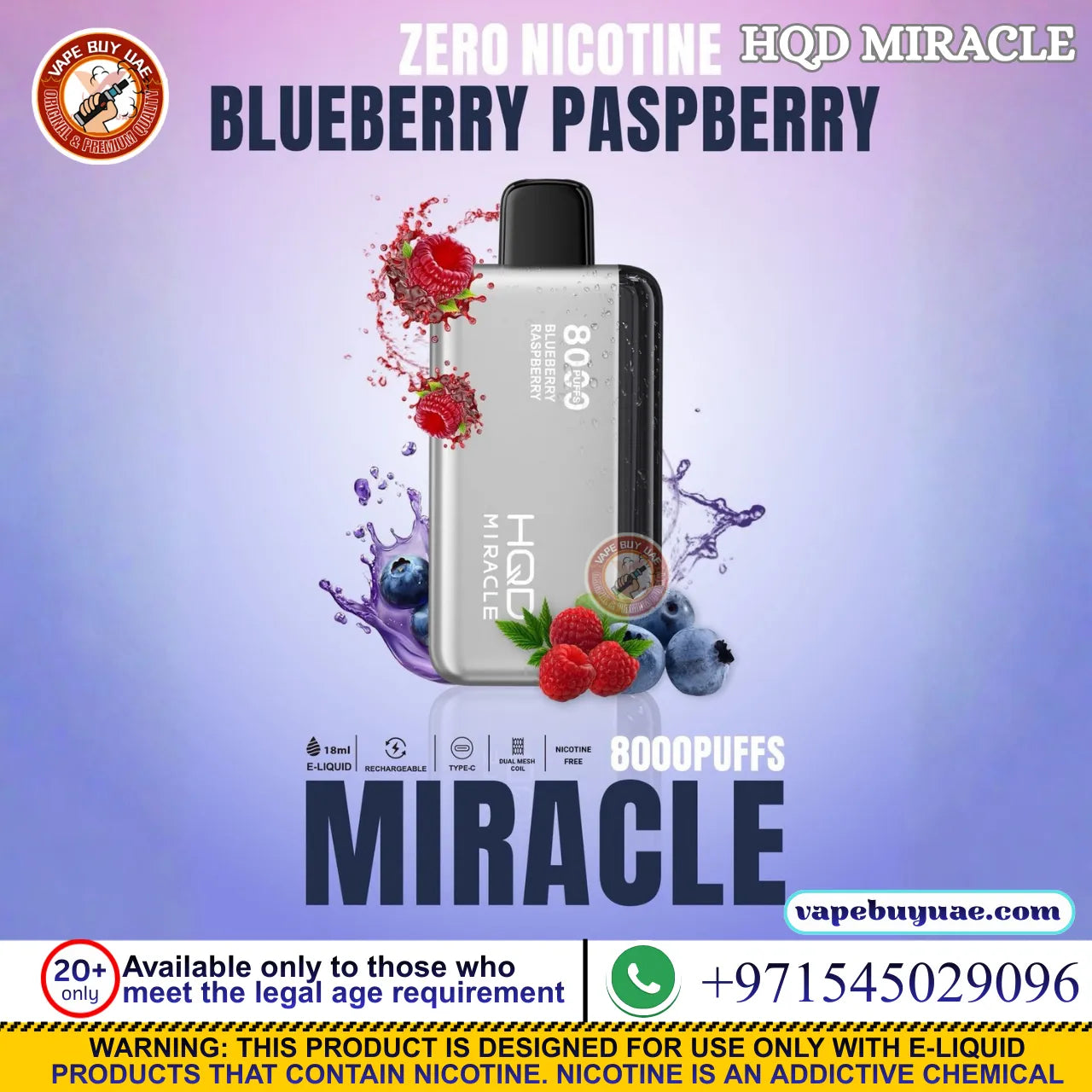 HQD Miracle 8000 Puffs Nicotine Free Disposable Vape UAE