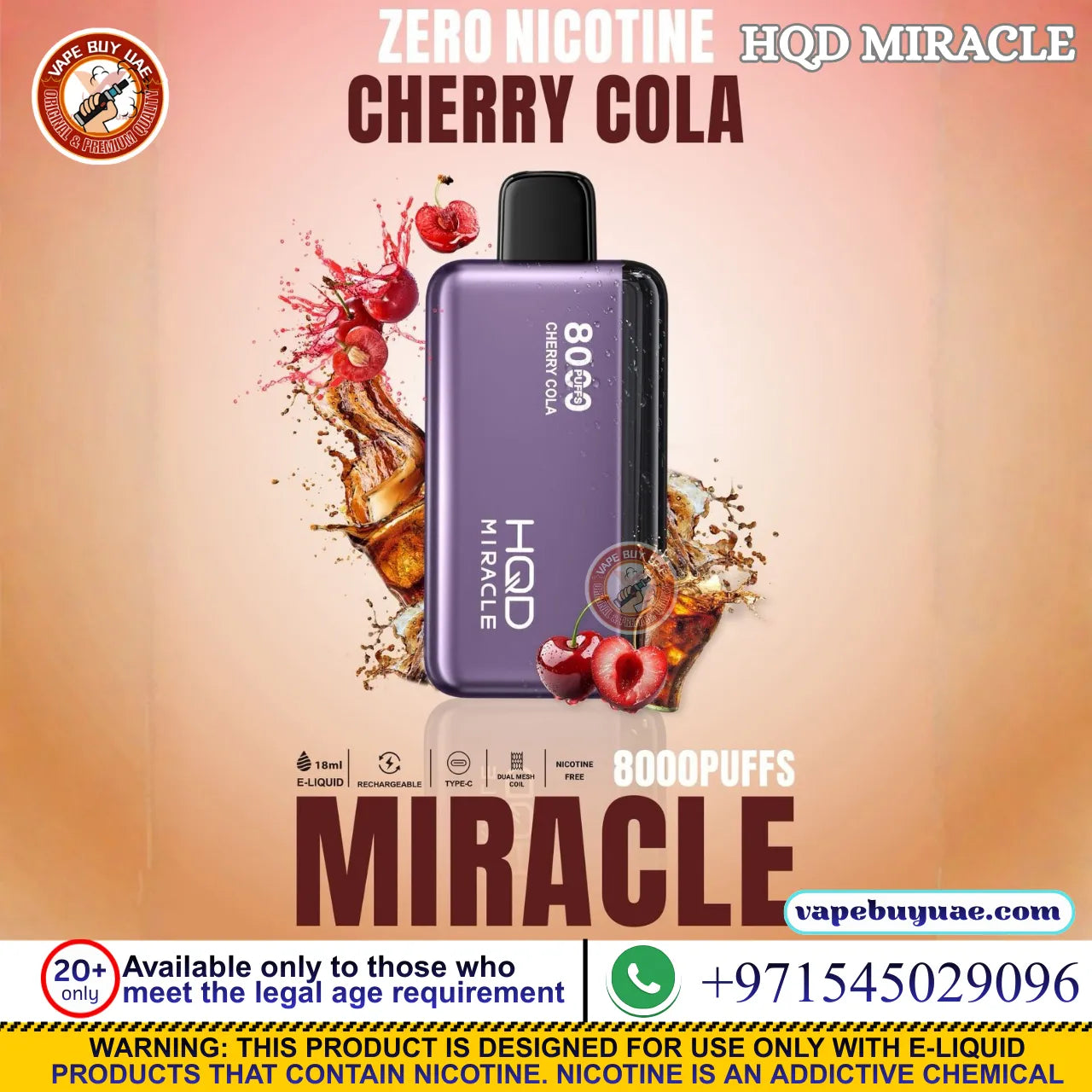 HQD Miracle 8000 Puffs Nicotine Free Disposable Vape UAE