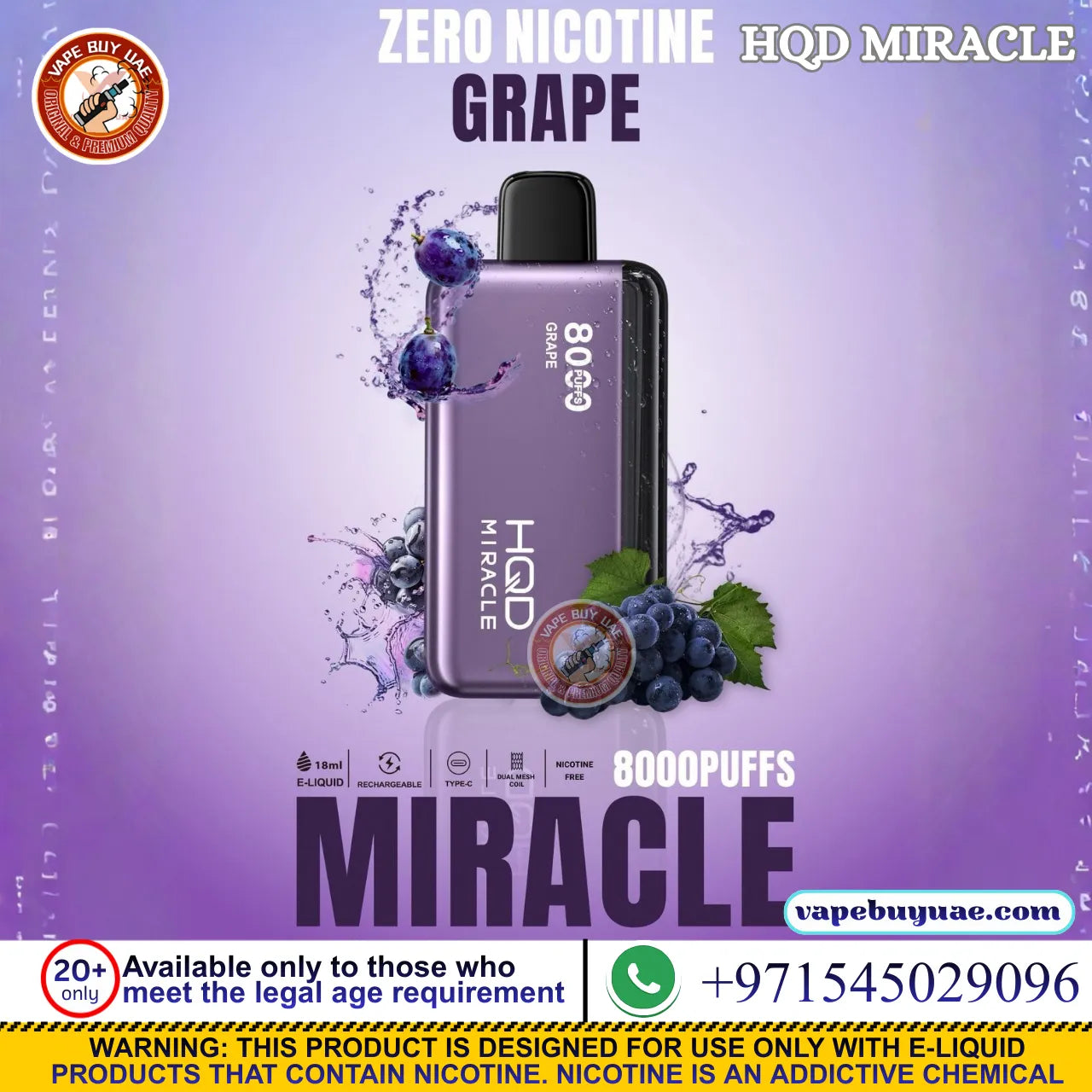 HQD Miracle 8000 Puffs Nicotine Free Disposable Vape UAE
