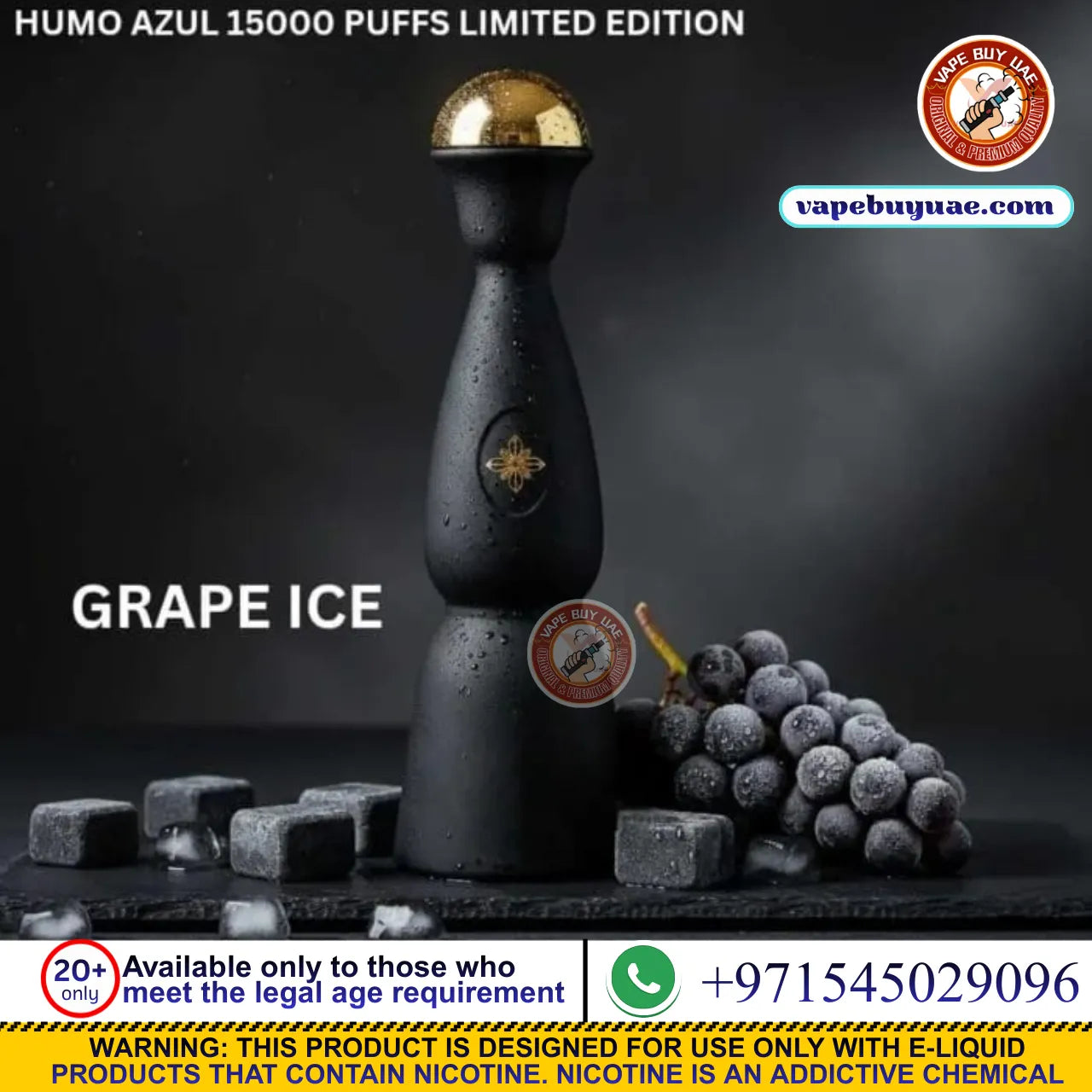 Vape device with grapes and ice cubes on a dark background, featuring 'HUMO AZUL' branding.
