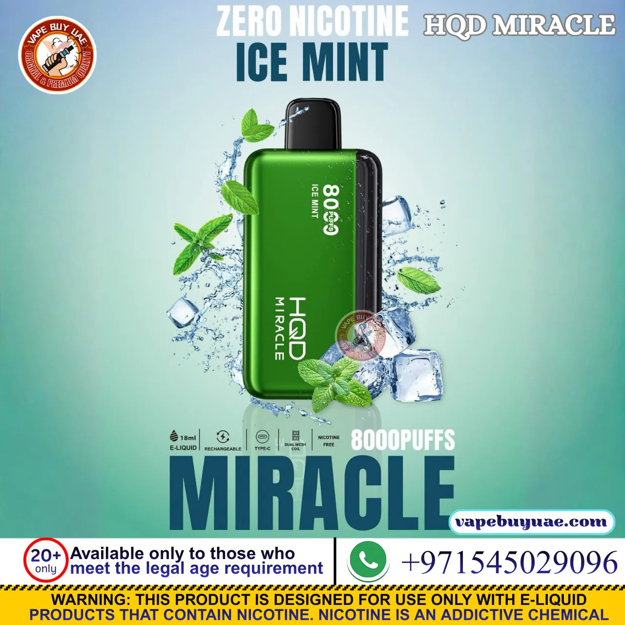 HQD Miracle 8000 Puffs Nicotine Free Disposable Vape UAE
