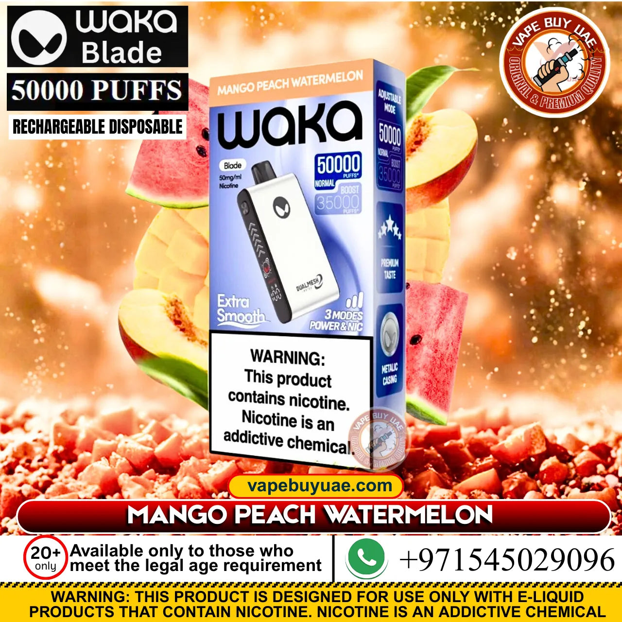 Mango peach watermelon vape flavor with tropical mango, juicy peach, and fresh watermelon