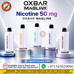 OXBAR Maglink 50K Pod System – 5% Nicotine in different flavors (Watermelon Ice, Peach Mango, Jewel Mint, Sakura Grape, Tropical Fruit) displayed on illuminated pedestals against a blue and white background with promotional text and contact details.