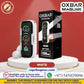 OXBAR Maglink 50K Pod System – 5% Nicotine Battery in white shown next to its retail packaging box on a white pedestal, set against a red background with promotional text and logos.
