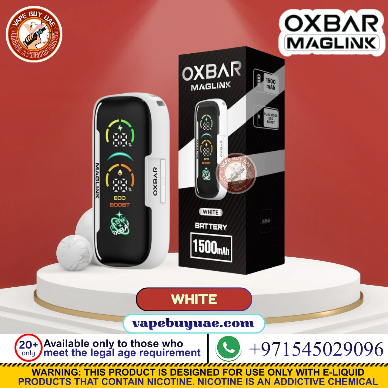 OXBAR Maglink 50K Pod System – 5% Nicotine Battery in white shown next to its retail packaging box on a white pedestal, set against a red background with promotional text and logos.