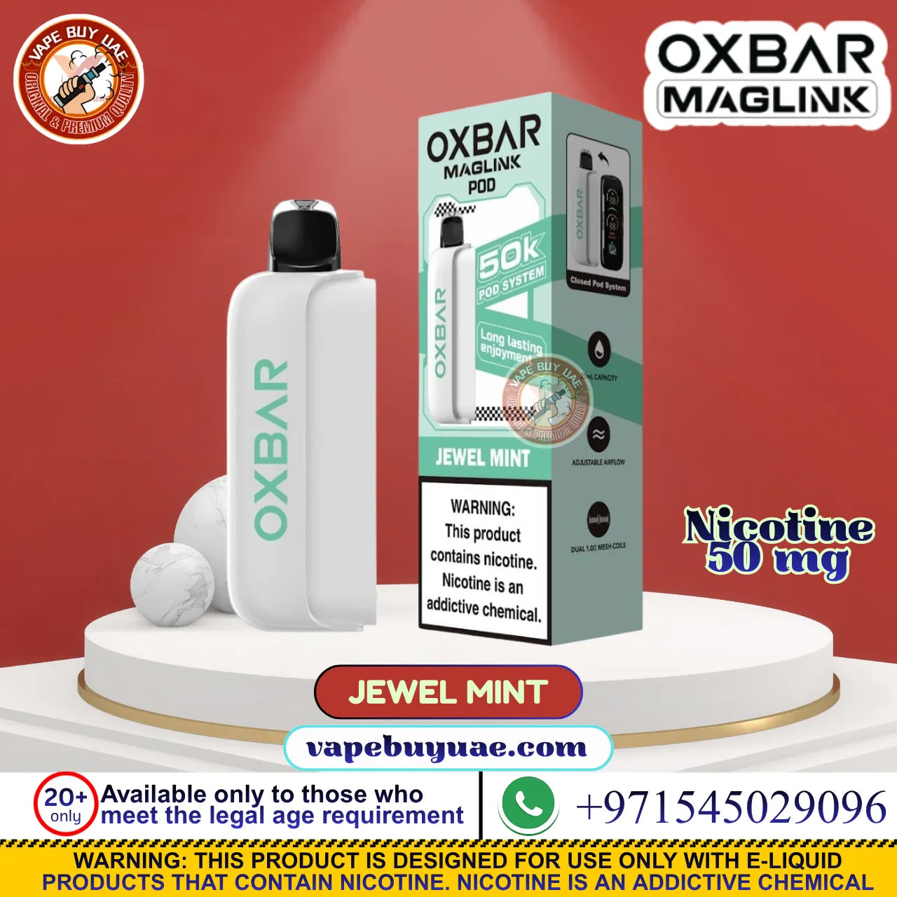 OXBAR Maglink 50K Pod System – 5% Nicotine in Jewel Mint flavor shown next to its retail packaging box on a white display pedestal. The background is a solid red gradient with various promotional text overlays, logos, and warning labels.