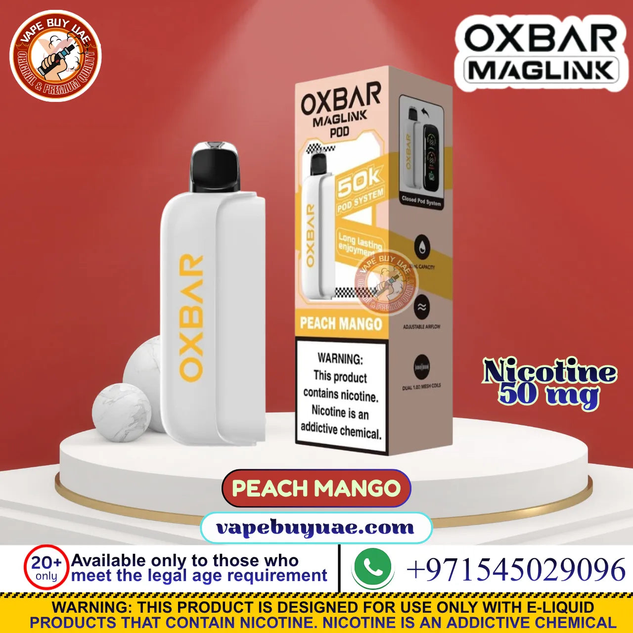 OXBAR Maglink 50K Pod System – 5% Nicotine Peach Mango disposable vape device and its retail packaging box, displayed on a white pedestal against a red background with promotional text overlays.
