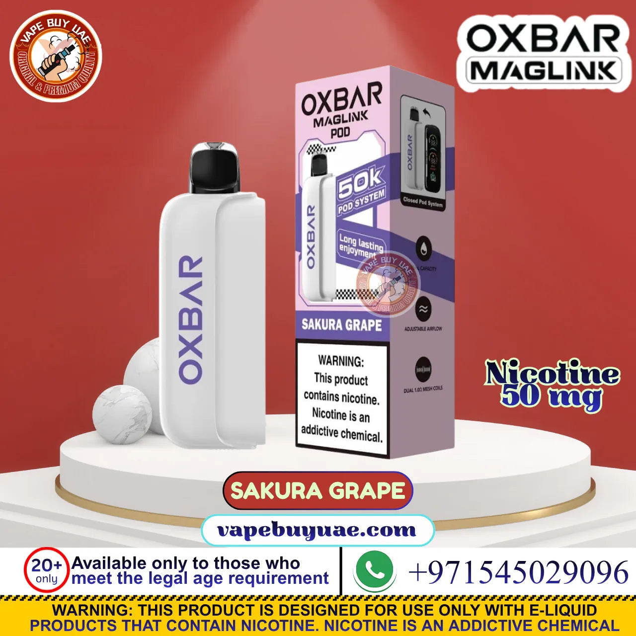 OXBAR Maglink 50K Pod System – 5% Nicotine and its retail packaging in Sakura Grape flavor, displayed on a white pedestal against a red background with promotional text and logos.