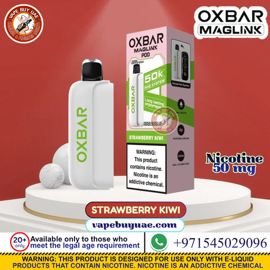 OXBAR Maglink 50K Pod System – 5% Nicotine in Strawberry Kiwi flavor, shown next to its retail packaging box on a white pedestal against a red background, with promotional text overlays.