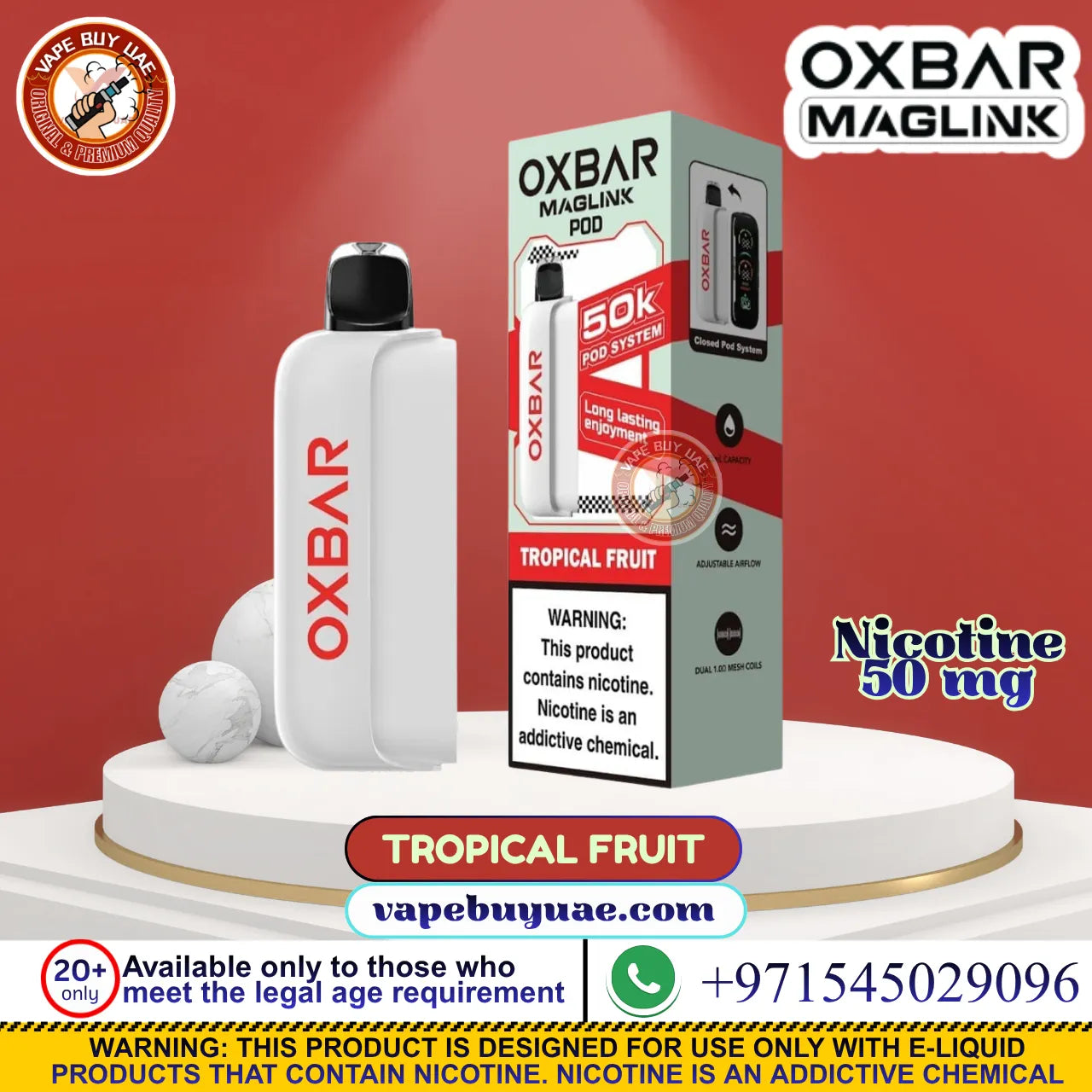 OXBAR Maglink 50K Pod System – 5% Nicotine in Tropical Fruit flavor, shown next to its retail packaging box on a white pedestal against a red background, with multiple promotional text overlays and brand logos.