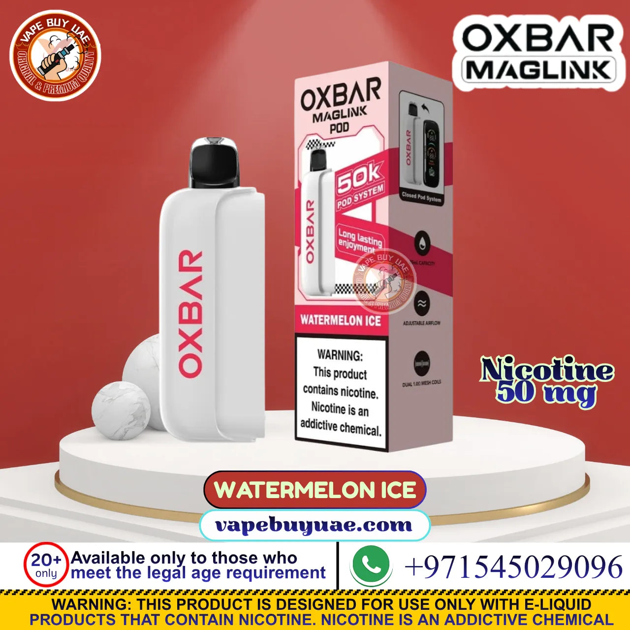 OXBAR Maglink 50K Pod System – 5% Nicotine in Watermelon Ice flavor, shown next to its retail packaging box on a white pedestal against a red background.