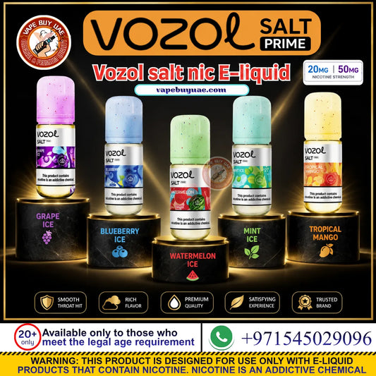 Six Vozol Salt Prime e-liquid 20 Mg & 50 Mg bottles in different flavors (Grape Ice, Blueberry Ice, Watermelon Ice, Mint Ice, and Tropical Mango) displayed on black pedestals against a dark background with glowing effects. The image features a gold banner at the top, a red circular 'Vape Buy Me' badge on the left, and informational text and icons at the bottom.