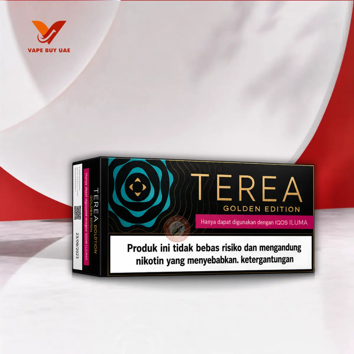 Vape Buy UAE showcasing the IQOS TEREA Golden Edition Indonesian edition box on a sleek surface with a white and red abstract background.