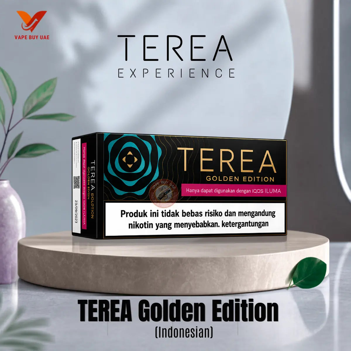 A black and gold box of IQOS TEREA Golden Edition Indonesian tobacco sticks on a stone podium, highlighting the TEREA Experience at Vape Buy UAE.