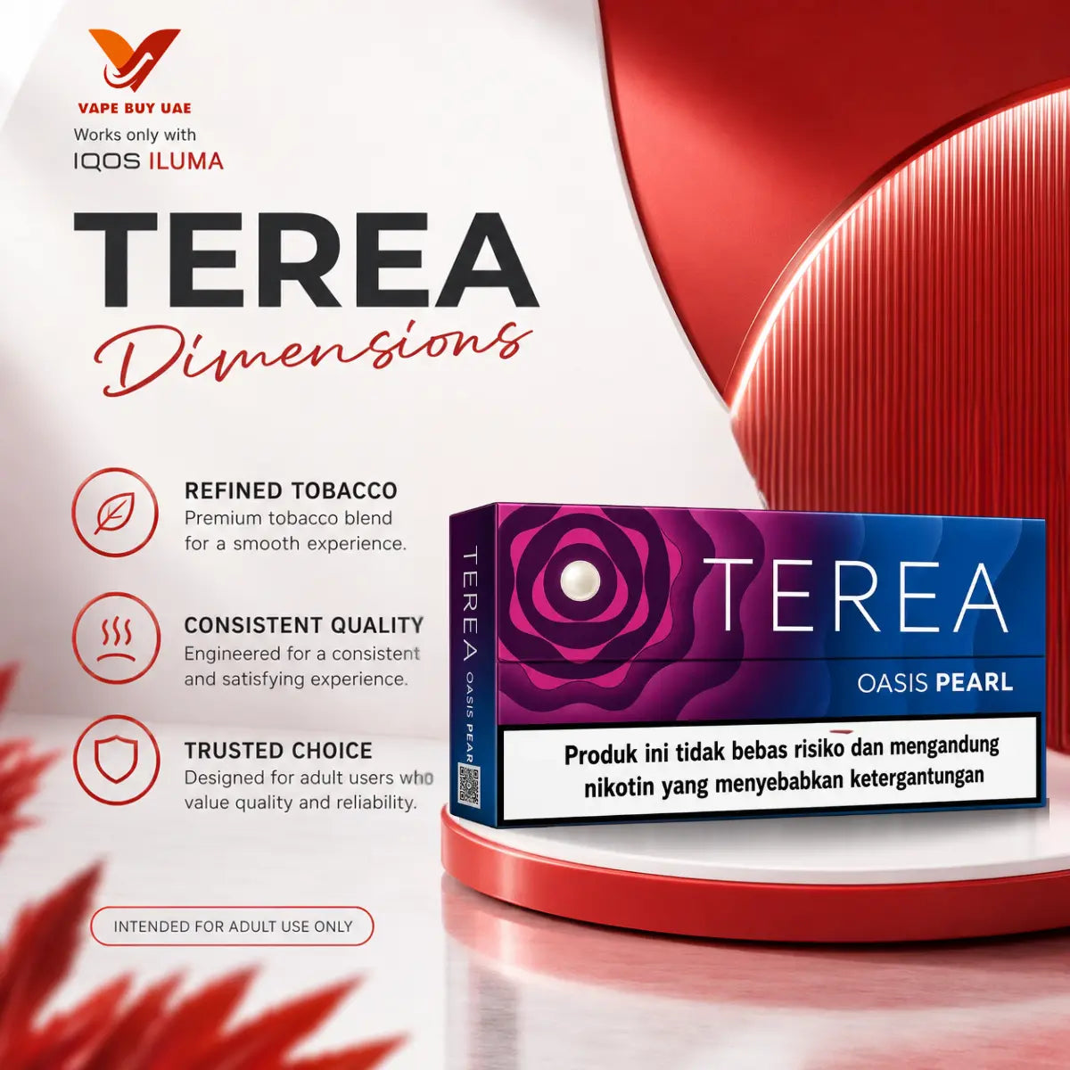 A purple and blue box of IQOS TEREA Oasis Pearl Indonesian tobacco sticks highlighting premium features on a red podium at Vape Buy UAE.