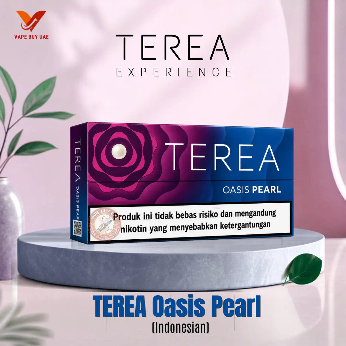 Vape Buy UAE showcasing the IQOS TEREA Experience with the Oasis Pearl Indonesian edition box on a stone podium.