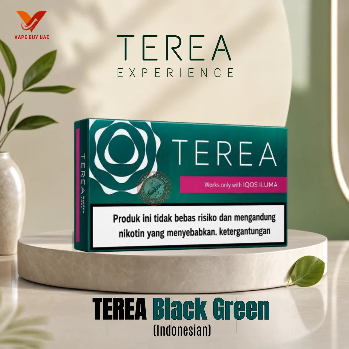 IQOS TEREA Black Green Indonesian Edition box on a display pedestal, exclusively for IQOS ILUMA devices. Available at Vape Buy UAE.