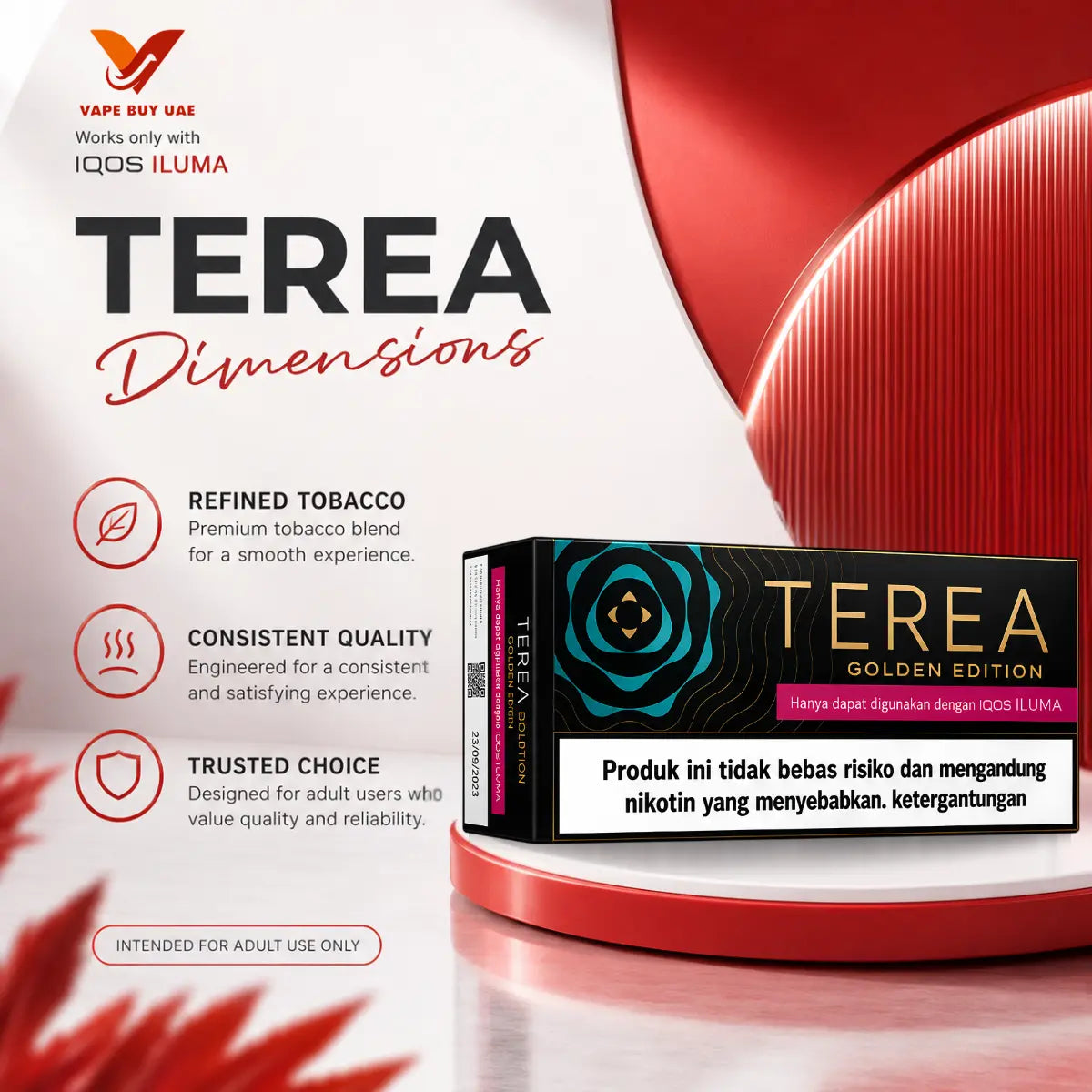 Promotional infographic for IQOS TEREA Golden Edition detailing TEREA Dimensions, refined tobacco, and consistent quality for IQOS ILUMA, presented by Vape Buy UAE.