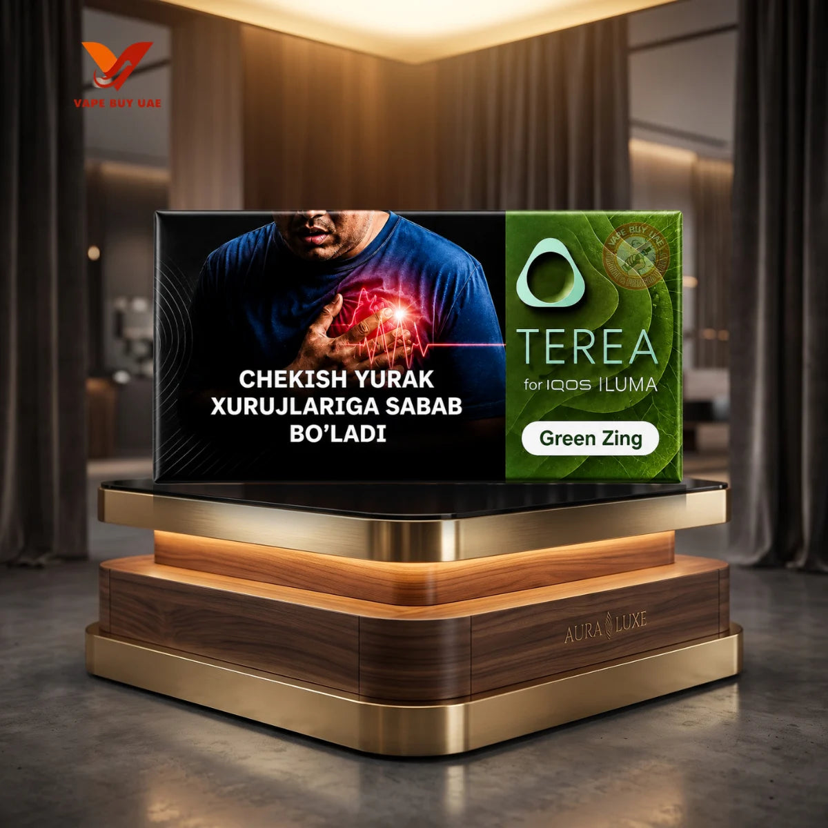 TEREA Green Zing Uzbekistan on Luxury Aura Podium Display - IQOS ILUMA | Vape Buy UAE