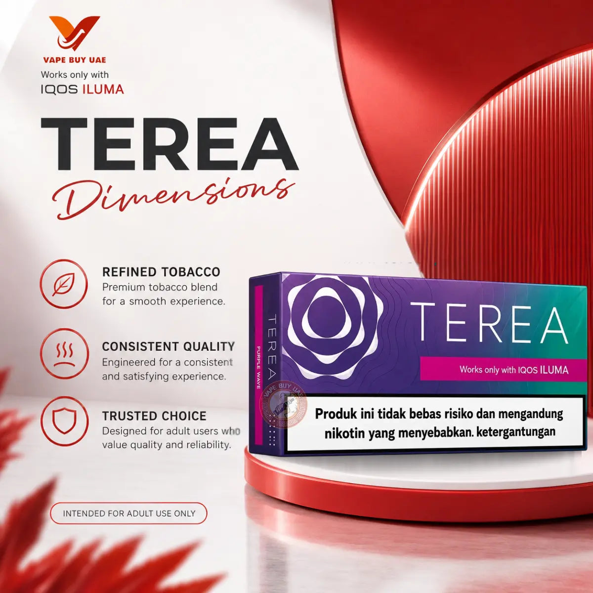 TEREA Purple Wave (Indonesian) Dimensions Infographic - Refined Tobacco & Consistent Quality for IQOS ILUMA UAE