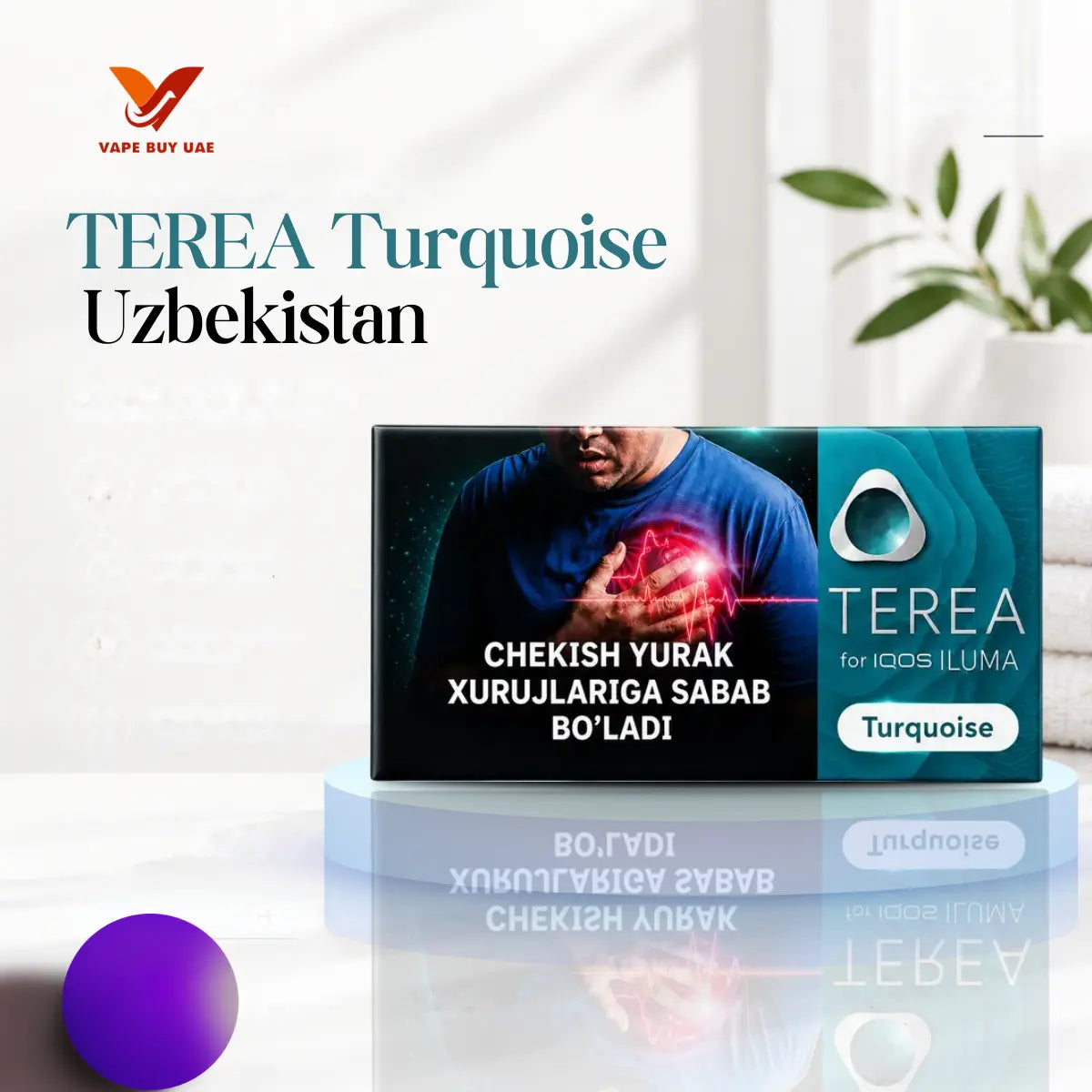 TEREA Turquoise Uzbekistan pack for IQOS ILUMA on a pink promotional display
