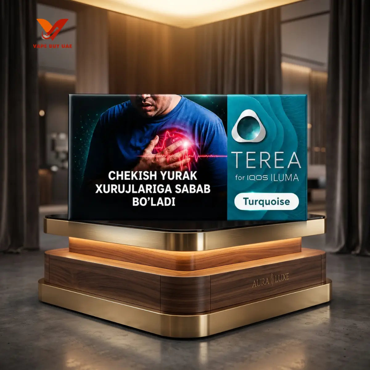 TEREA Turquoise Uzbekistan pack for IQOS ILUMA on a luxury wooden display