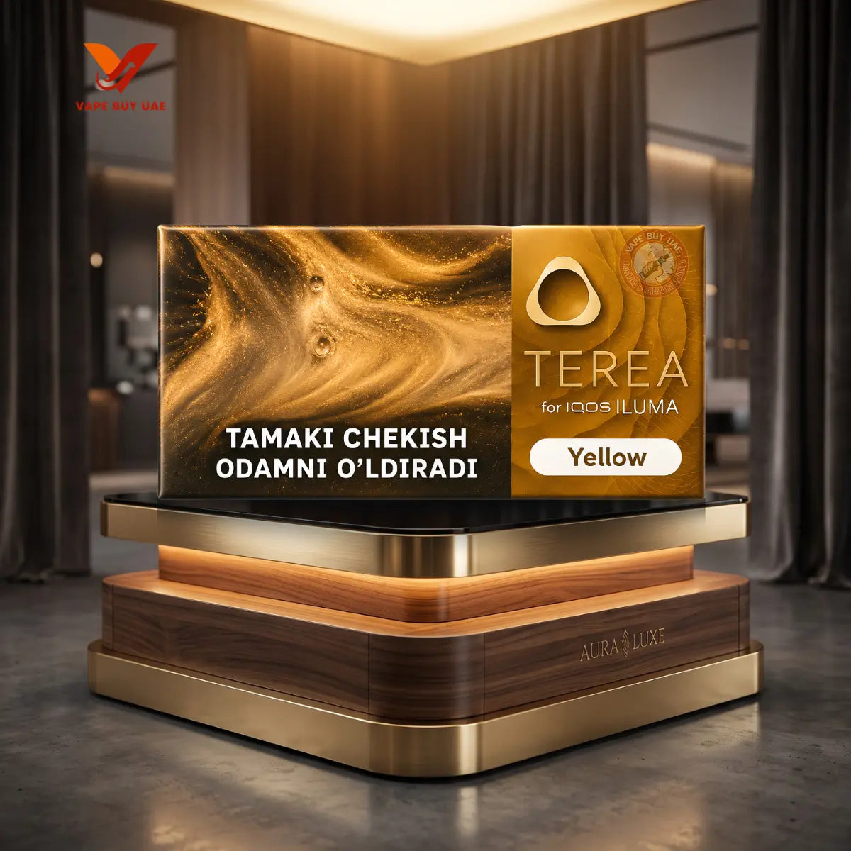 TEREA Yellow Uzbekistan on Luxury Aura Podium Display - IQOS ILUMA | Vape Buy UAE